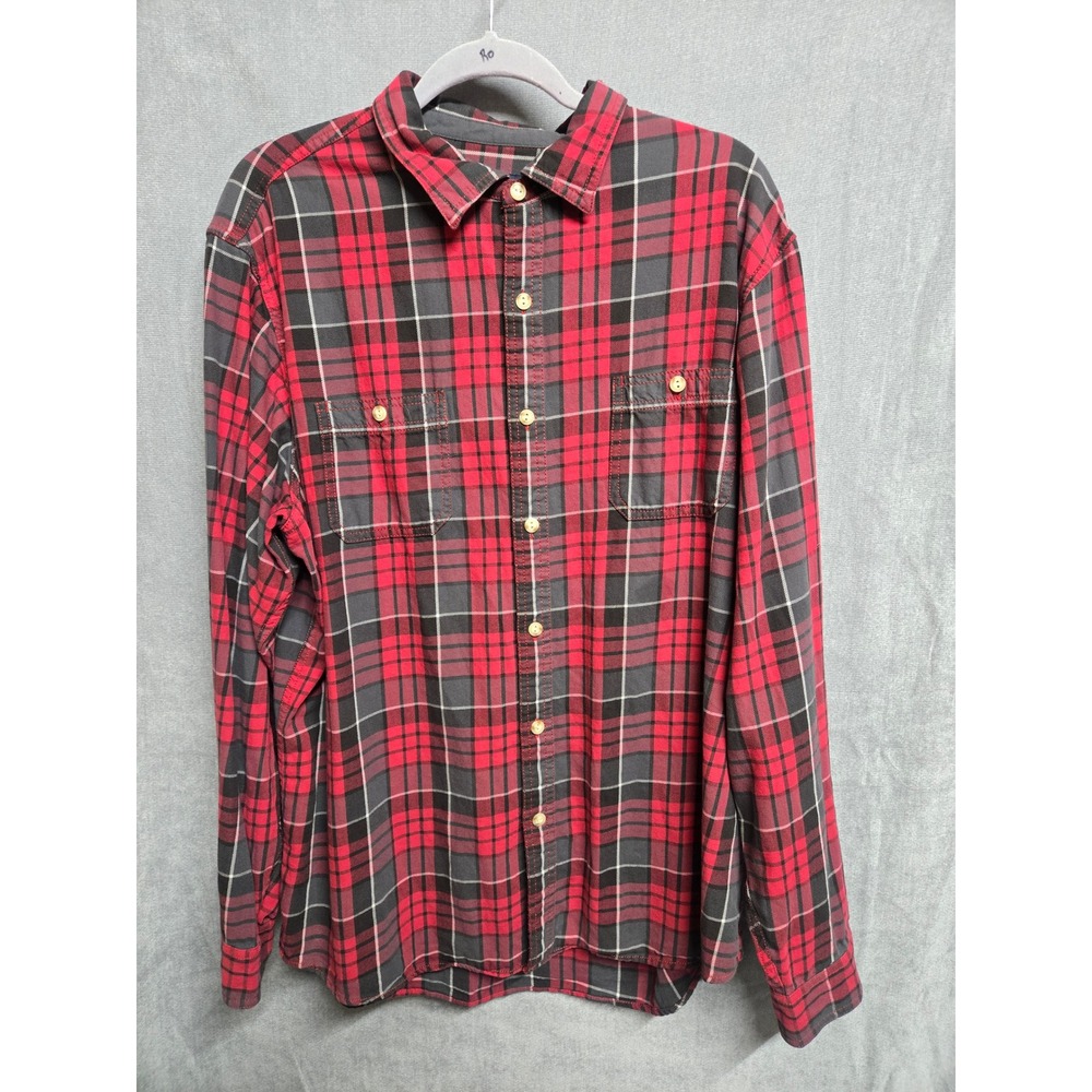 Cremieux Classics Mens XL Red Grey Plaid Flannel Button Down Shirt Elbow Patches